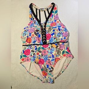 Time and Tru Floral Lace-Up One-Piece Swimsuit - Pink, Blue, Yellow, Black